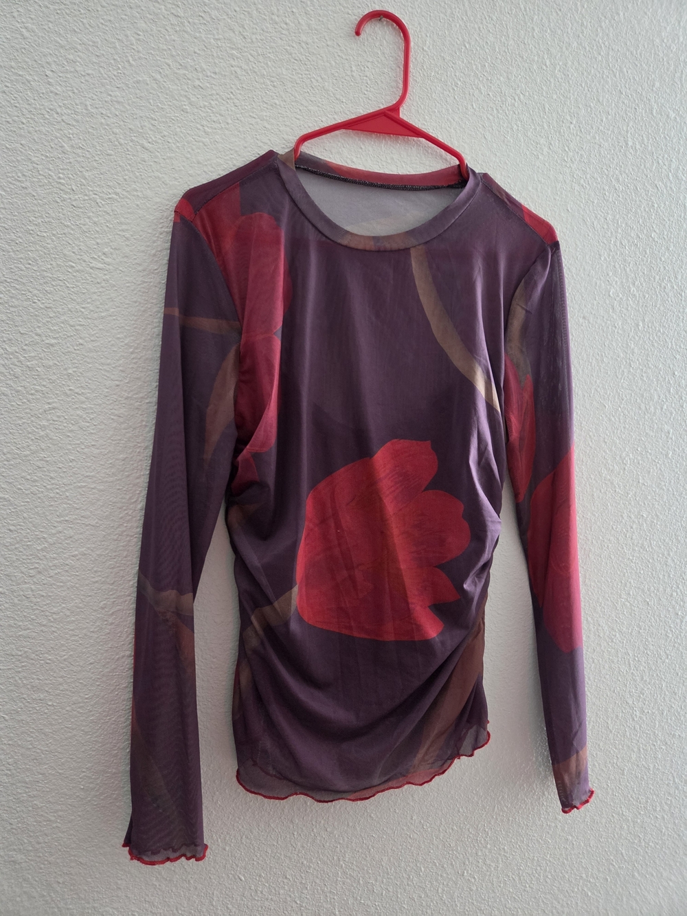 SHEIN Plum Mesh Long-Sleeve Top with Red Floral Print